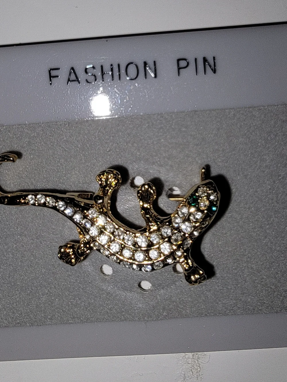 Gold-tone Crystal Lizard Brooch with Green Eyes